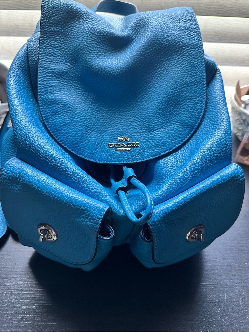 Coach Pebbled Leather Bright Blue Drawstring Backpack with Front Pockets